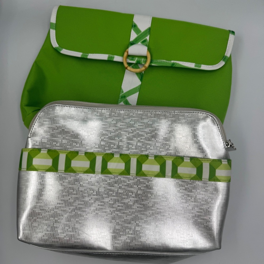 Clinique Cosmetic Bag‎ Set of 2 Green Silver Bamboo Ring Metallic